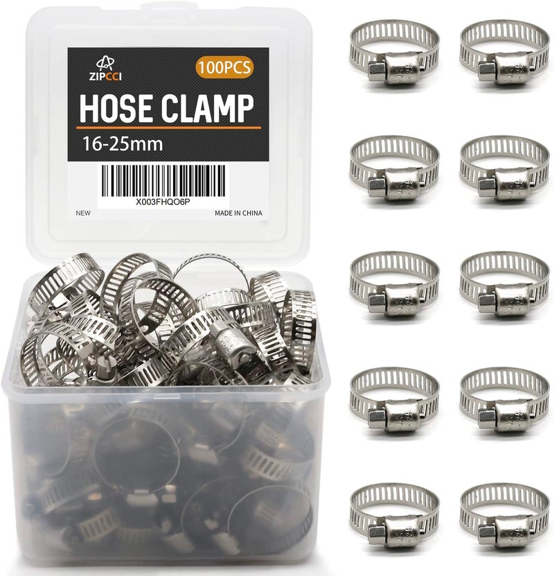 ZIPCCI Hose Clamp, 100 Pack Stainless Steel Hose Clamps Worm Gear Fuel Line Pipe Clamps, 16-25mm (5/8-1 inch) - Image 1